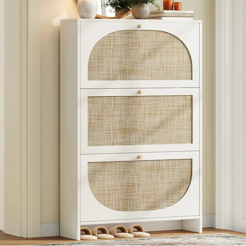Nicetree Shoe Cabinet Storage for Entryway Slim 9.5" Freestanding Floor Base Shoe Storage Cabinet, 3 Flip Drawers with 3-Position Adjustable Divider, Holds 16-36Pairs, Bright White