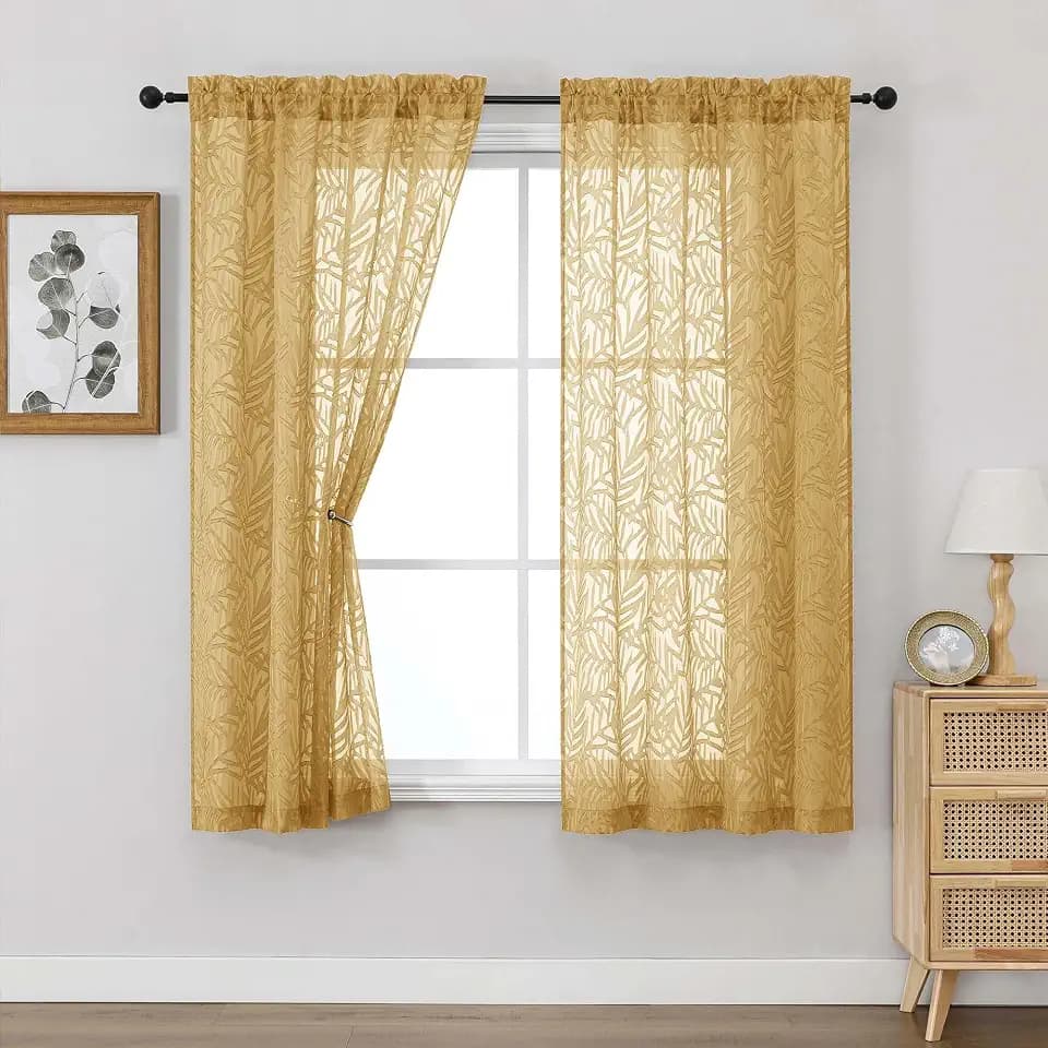 OVZME Gold Sheer Curtains 63 Inch Length 2 Panel Set, Light Filtering Bedroom Curtains with Dual Rod Pocket Top, Leaf Clip Jacquard Sheer Farmhouse Window Drapes for Living Room, 2x42Wx63L Inches