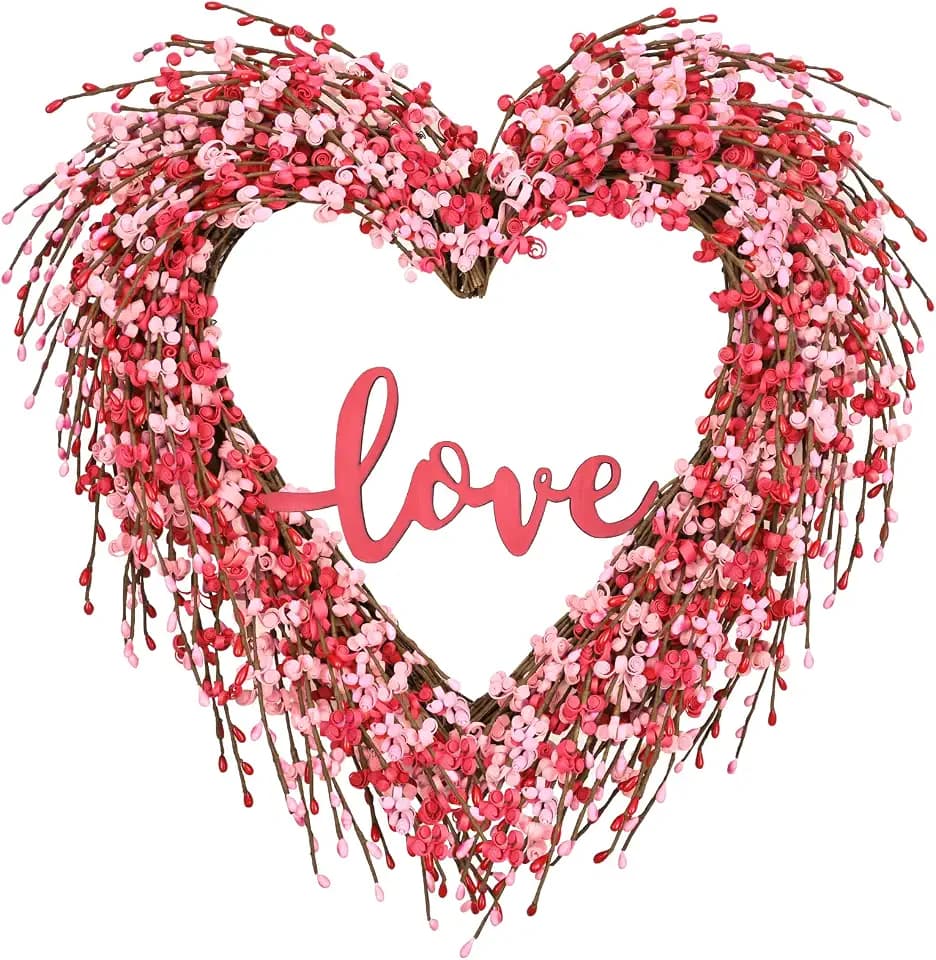 Waipfaru Valentines Day Wreath, Valentine Heart Wreath for Front Door, 16 Inch Twig Reef with Love Sign for Indoor Outdoor Spring Decoration (Pink)