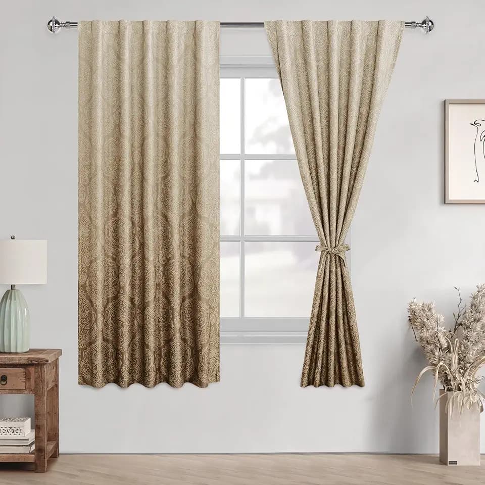 DWCN Ombre Room Darkening for Bedroom - 63 inches Length Back Tab Damask Design Thermal Insulted Tieable Window Drapes Light Blocking Curtains for Small Window, 2 Panels, W42 x L63, Taupe