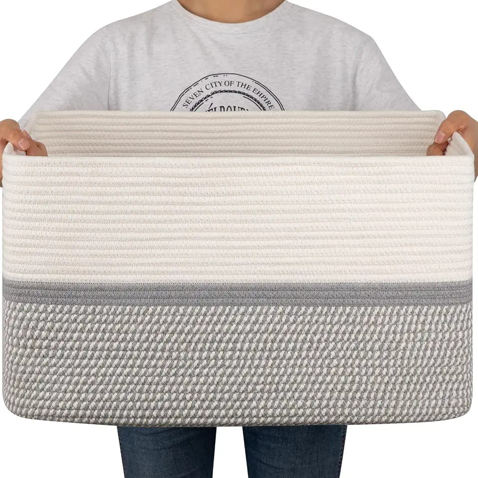OIAHOMY Blanket Basket Laundry Basket Dog Toy Basket 75L Grey/White