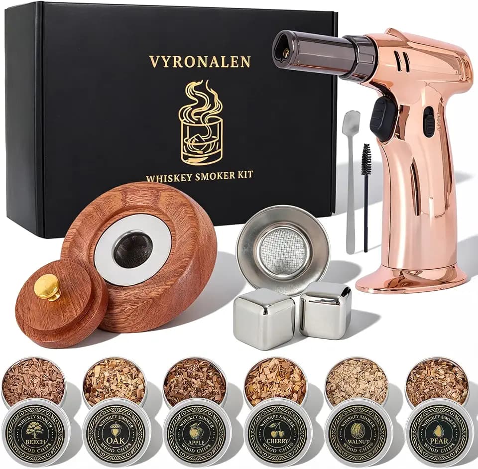 Whiskey Smoker Kit with Triple-Flame Torch, 16-Piece Old Fashioned Smoker Kit with 6 Wood Chips, 2 Stainless Steel Ice Cubes, Cocktail, Bourbon & Drinks, Gift Set for Men, Dad, Father (No Butane)