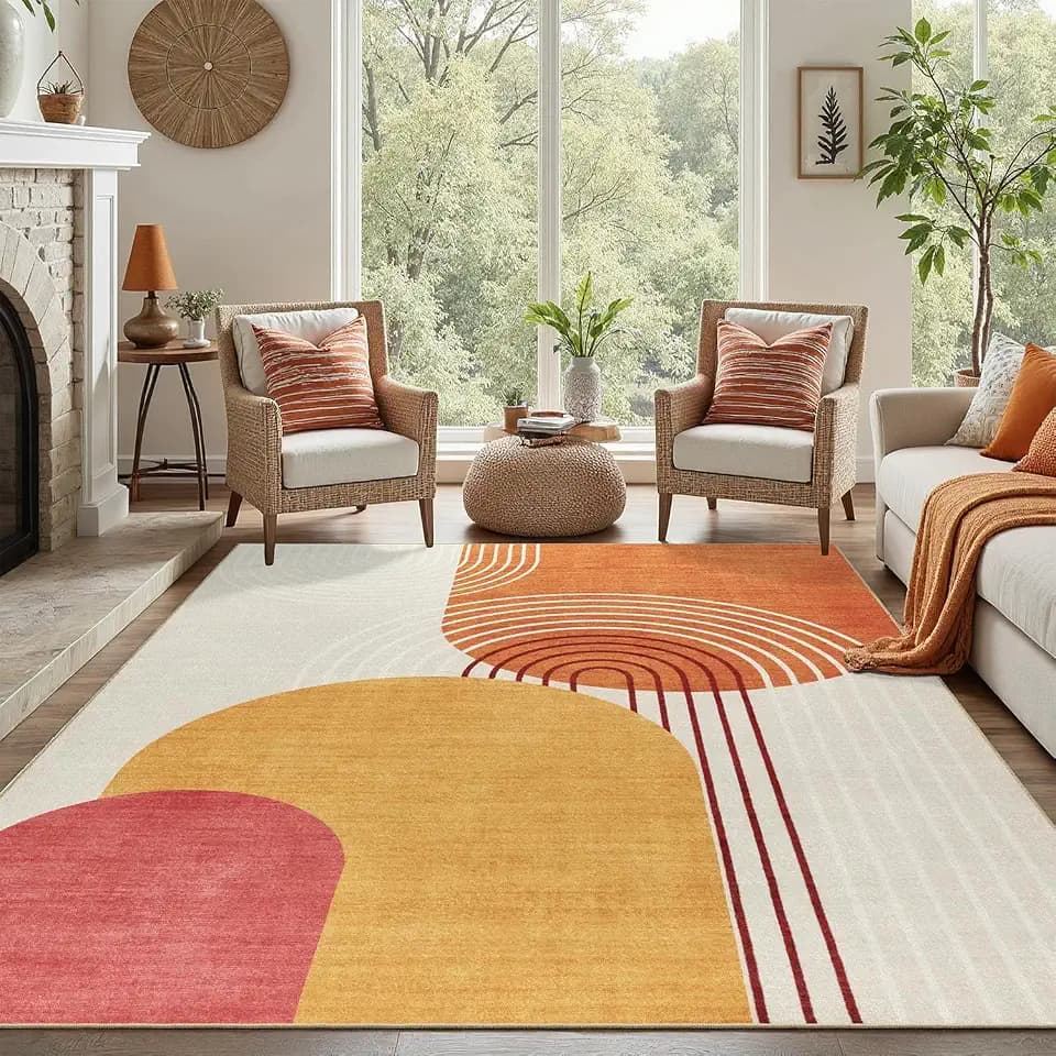DCX Abstract Washable 5x7 Rug, Non Slip Low Pile Rug, Orange & Yellow