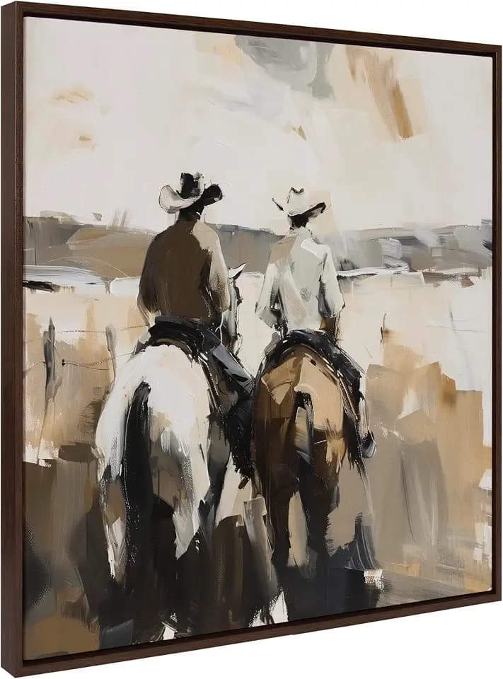 Kate and Laurel Sylvie Western Cowboy Horseback Ranch Abstract Neutral 1 Framed Canvas Wall Art by The Creative Bunch Studio; 30x30 Brown; Modern Abstract Cowboy Art for Wall