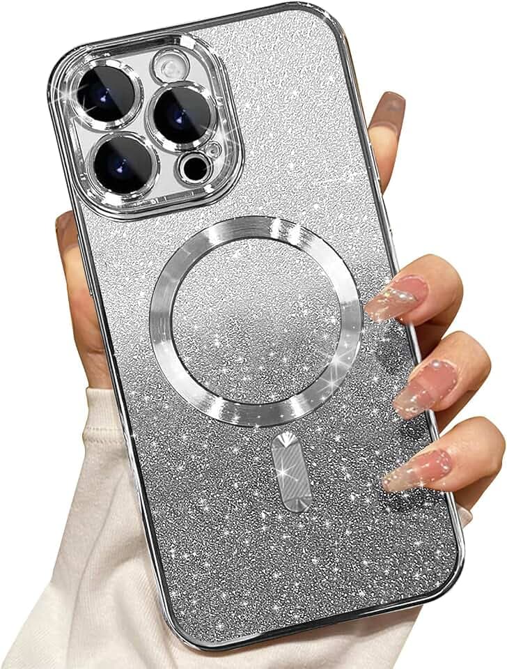Misscase Magnetisch Hülle Kompatibel für iPhone 14 Pro, Glitzer Verlauf Handyhülle Kompatibel mit MagSafe, Stoßfest Anti-Kratzen mit Kamera Objektivschutz Niedliche TPU Schutzhülle-Silber