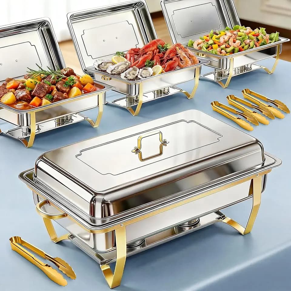 POWERFUEL 4 Pack 11QT Rectangular Chafing Dishes for Buffet with 4Tongs