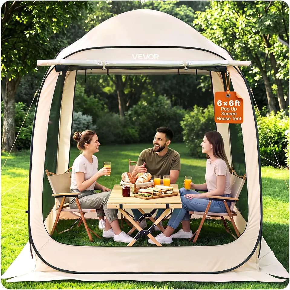 VEVOR Pop Up Screen House Tent, 6 x 6 ft, 4-6 Person Screen Gazebo with Extended Awning, Portable Screened in Canopy with Carry Bag, Netting Sides, for Patio, Backyard, and Outdoor Activities, Beige