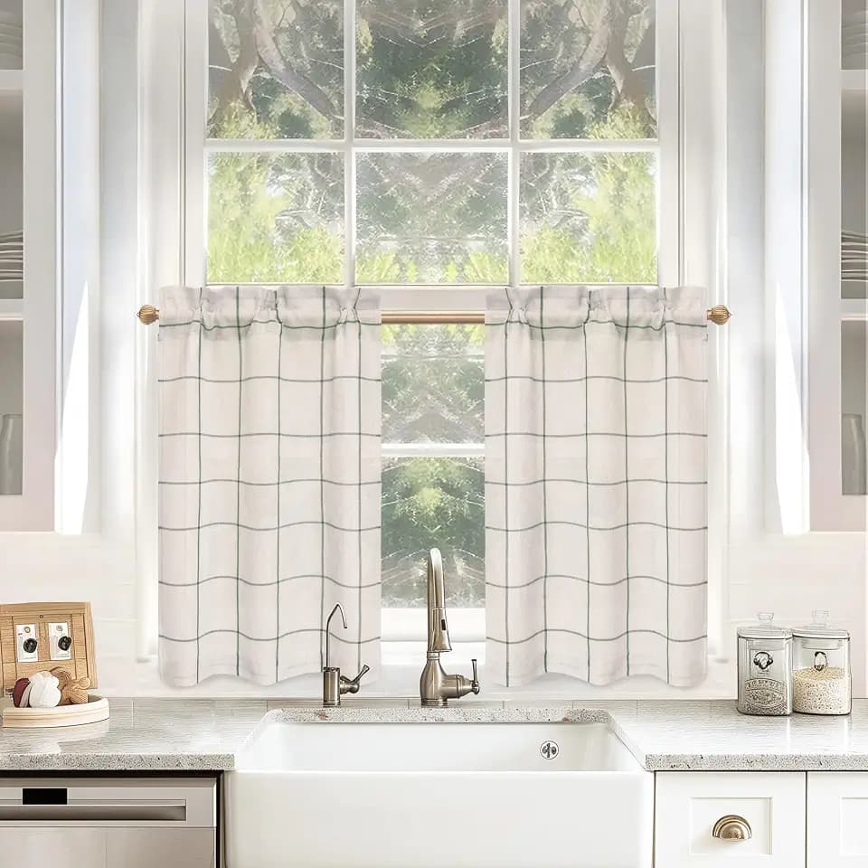 DriftAway Kitchen Curtains Striped Tier Linen Short Curtains Windowpane Plaid Cafe 36 Inch Length for Living Room Bathroom Chris Farmhouse Rustic Rod Pocket 2 Panels Loden Green