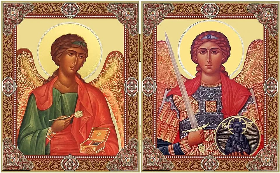 Needzo Archangel Raphael and Michael - Christian Orthodox Catholic Icon Diptych - Travel Altar Wood, 5 1/4 Inch Tall