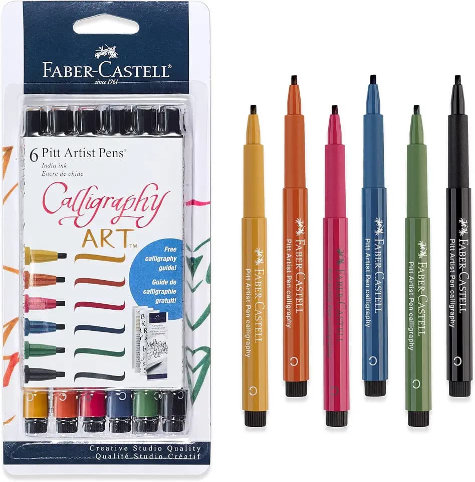 Faber-Castell Pitt Artist Calligraphy Pens | 6 India Ink Pens, 2.5 mm Chisel Tip | Multicolor Calligraphy Pen Set for Lettering, Journaling, Creative Writing & Hand Lettering Designs
