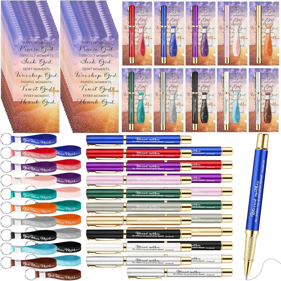AmazingSpark Mothers Day Gifts for Church God Bless Mothers Religious Silicone Keychain Bible Verse Ballpoint Pen with Inspirational Cards Christian Gift for Mom Women Paster's Wife(40 Sets)
