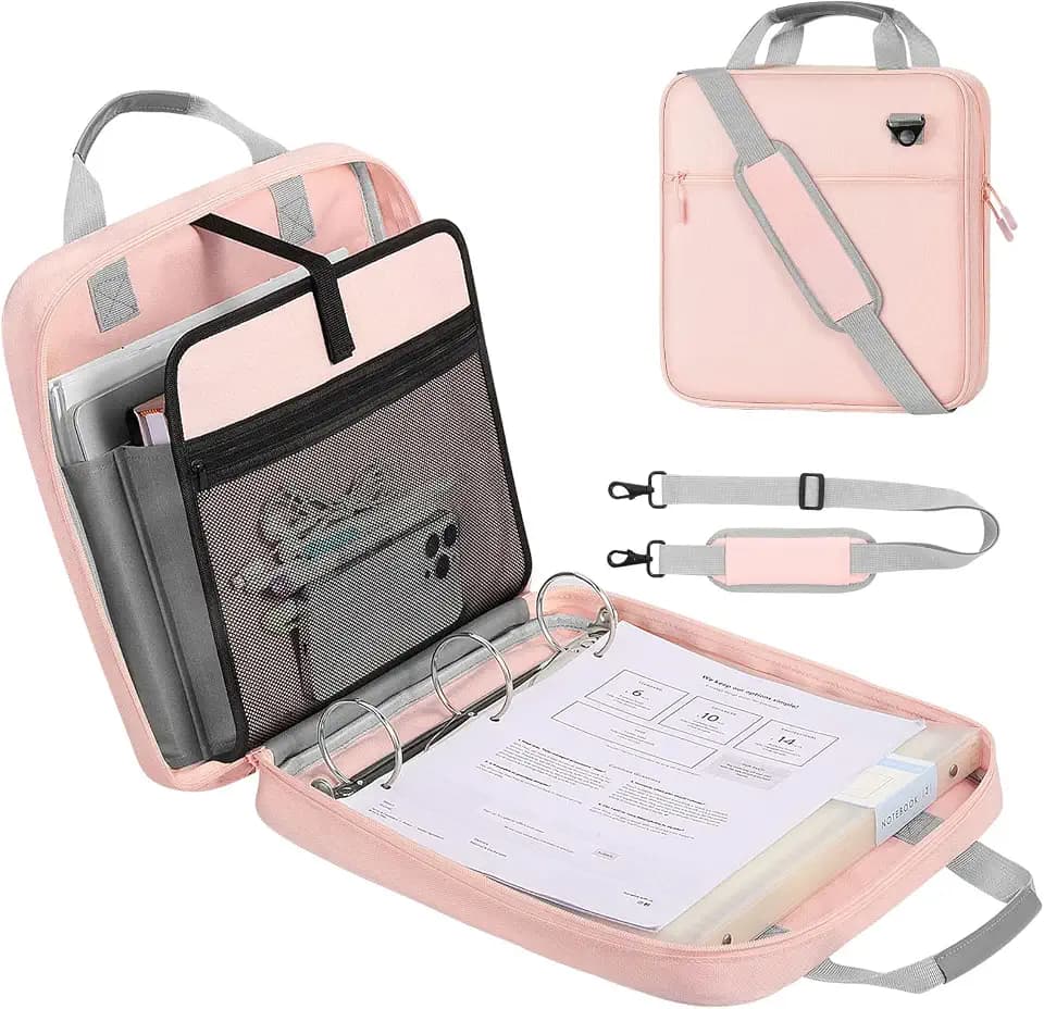 MoKo Zipper Binder, 2-Inch 3 Ring Binder with Zipper, 500 Sheets Capacity Zipper Binders with Shoulder Strap & Handle, Multi-Pocket Zipper Bag Organizer for Work School, Pink & Gray