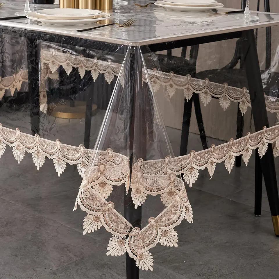 Clear Tablecloth Protector, 0.15mm Heavy Duty Waterproof Vinyl Table Cover with Elegant Lace Trim, Crystal Clear Oilproof Wipeable Reusable Rectangle Tablecloths for Dining Table, 60 x 84 Inch