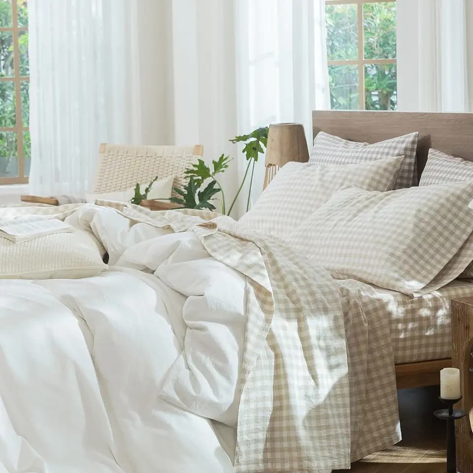 MooMee Gingham Sheet Set 100% Washed Cotton Lived-in Deep Pocket Queen