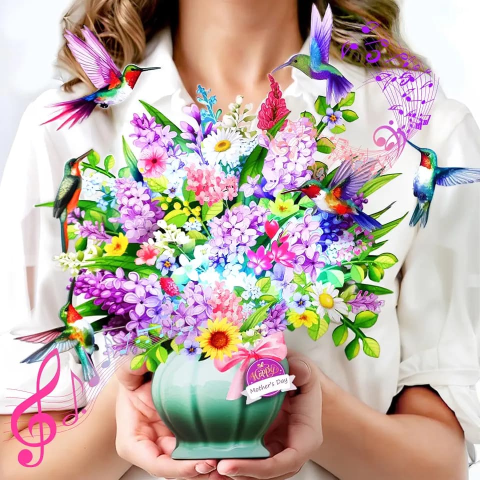Yinqing Mothers Day Card, Happy Mother’s Day card with Music&Light, Hummingbird Oasis,10 Inch Life Sized Forever Flower Bouquet from Daughter, Son, Husband, Mother Gifts Cards for Mom Wife Grandma(Blank Notecard & Envelope)