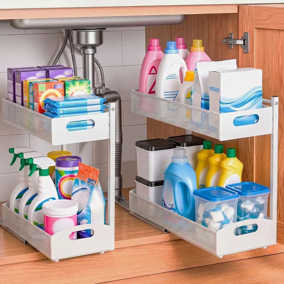 VEVOR Under Sink Organizer, 2 Pack 2-Tier Pull Out Cabinet Organizer with 4-Level Height Adjustment, Metal Slide Out Shelf, Multi-Purpose Cabinet Organizers and Storage for Bathroom & Kitchen, White