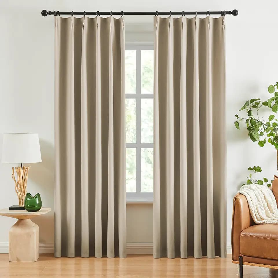 Jubilantex Faux Linen Blackout Curtains Tan Brown Pinch Pleat 84" L 2Panels