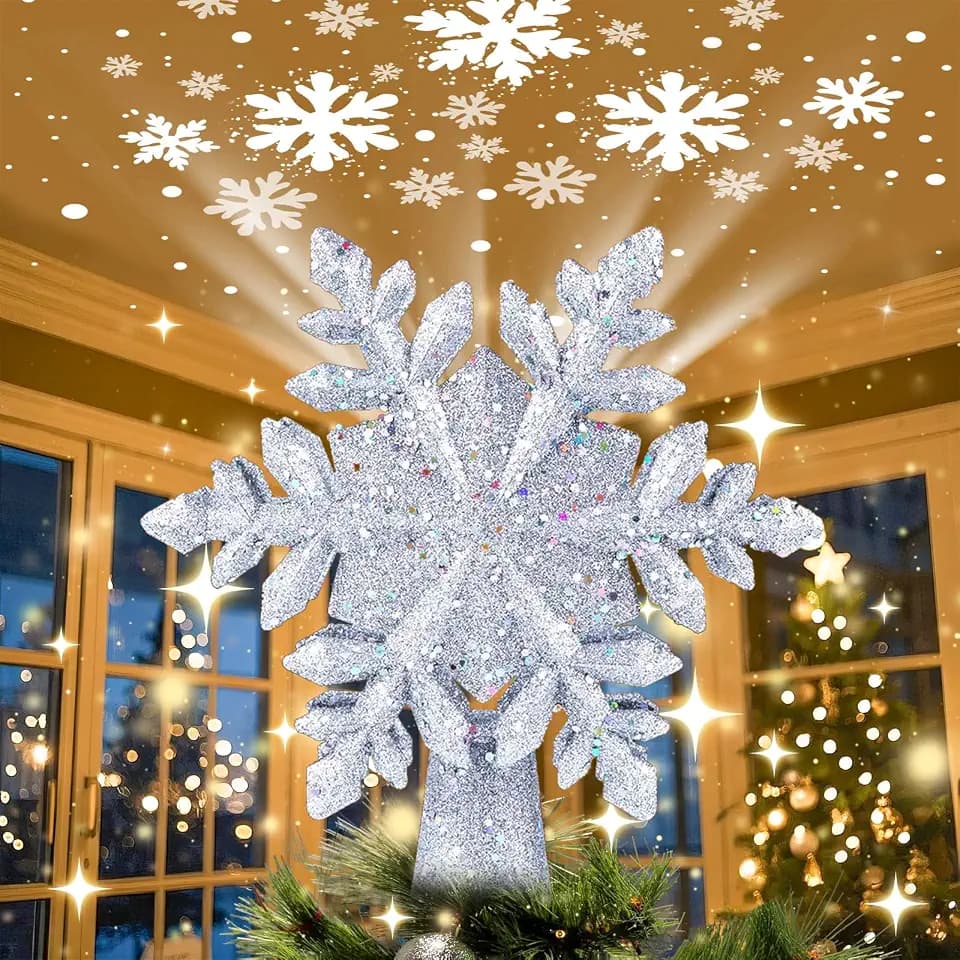 9.05 Inch Silver Snowflake Tree Topper Projector, Rotating LED Light