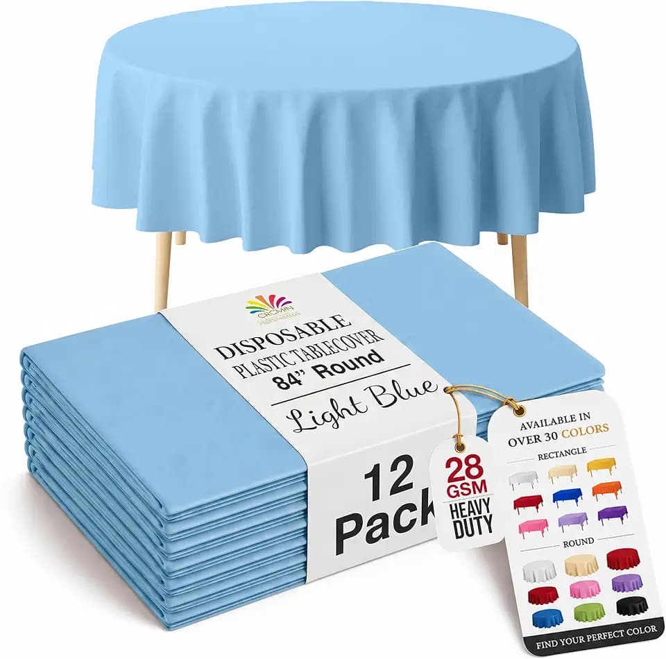Exquisite 12-Pack Premium Plastic Tablecloth 12-Pack Premium Plastic Tablecloth 84in. Round Table Cover - Light Blue