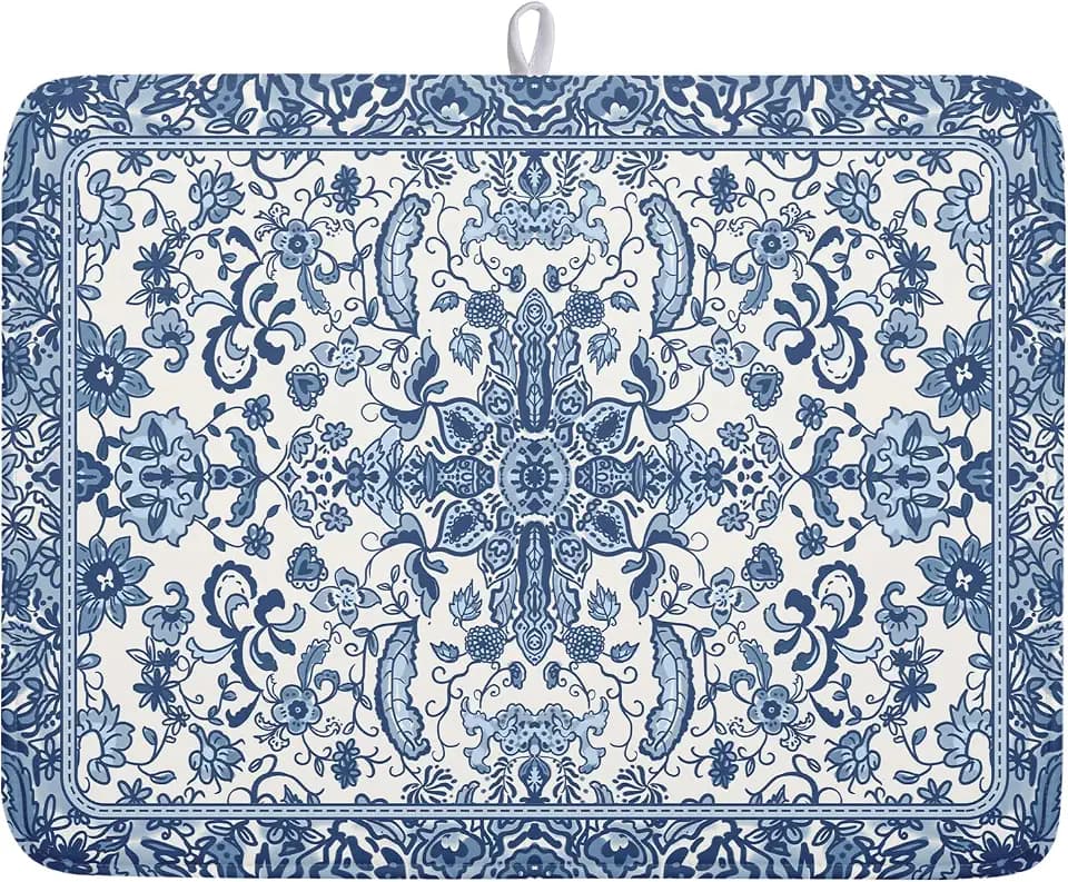 Chinoiserie Floral Dish Drying Mat for Kitchen Counter Blue and White Flowers Pattern Dish Drying Pad 18”x24”Absorbent Reversible Seasonal Decor Dishes Drainer Pad Dish Dry Rack Mat for Counter top