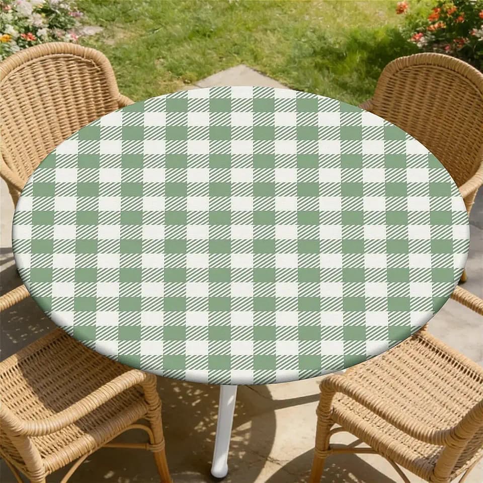 Round Fitted Tablecloth with Elastic Edge, Waterproof Stain Resistant Fabric Table Cover for 32"-36" Round Table, Indoor Outdoor Dining, Kitchen Decor, Camping, Holiday, Party, Green Gingham