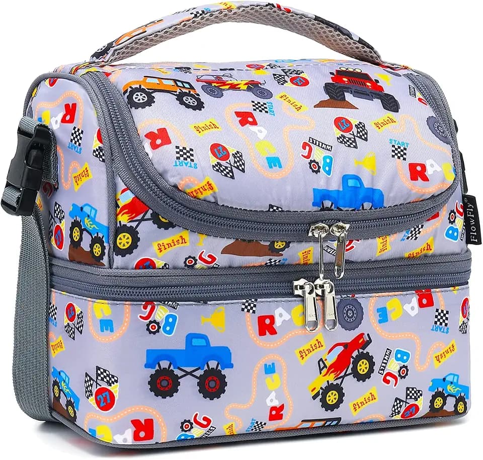 FlowFly Double Decker Cooler Insulated Lunch Bag Large Tote for Boys, Girls, Men, Women, With Adjustable Strap (Truck)