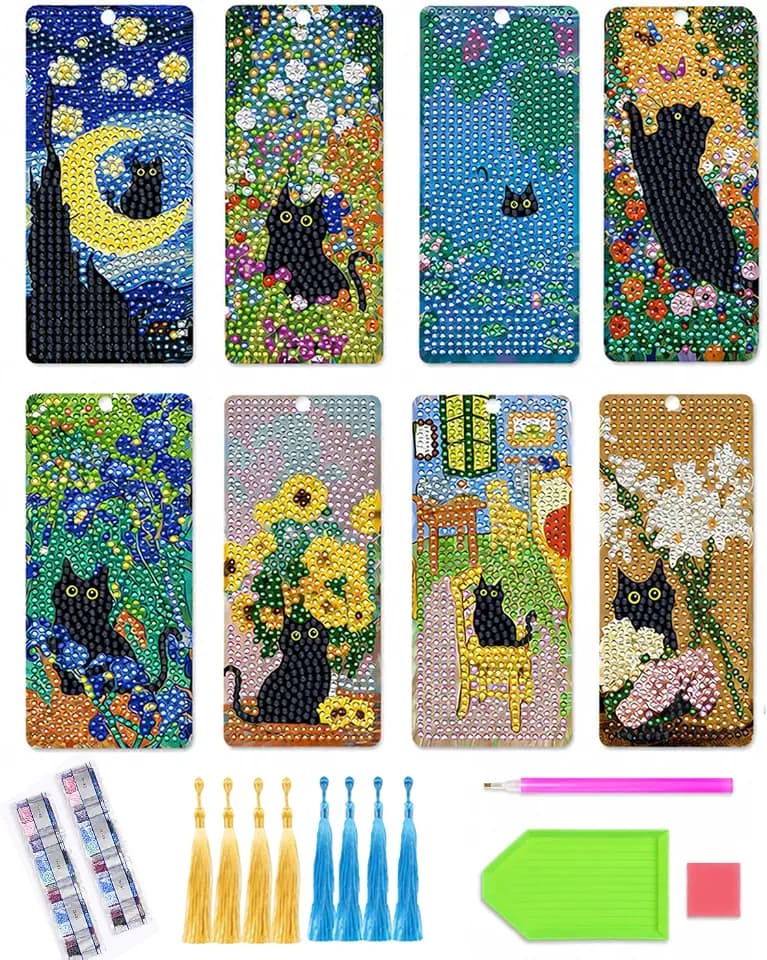 Diamond Art Bookmarks Black Cats Oil Painting Kit Adults 8 PCS DIY Crafts