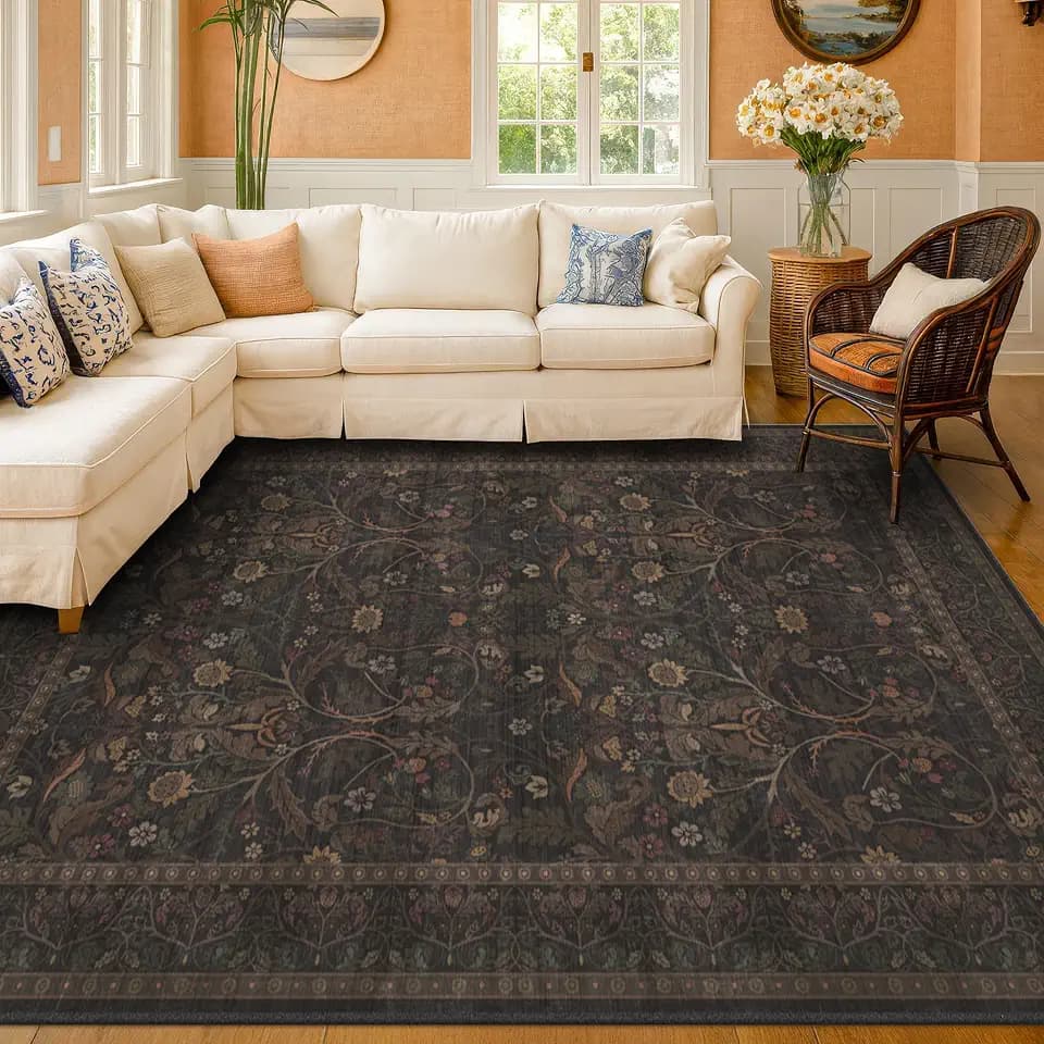 7x10 Washable Rug for Living Room, Dark Brown Vintage Cottagecore Floral Area Rug, Large Non Slip Soft Carpet for Dining Room, Moody Botanical Flower Rug, Low Pile Easy Care