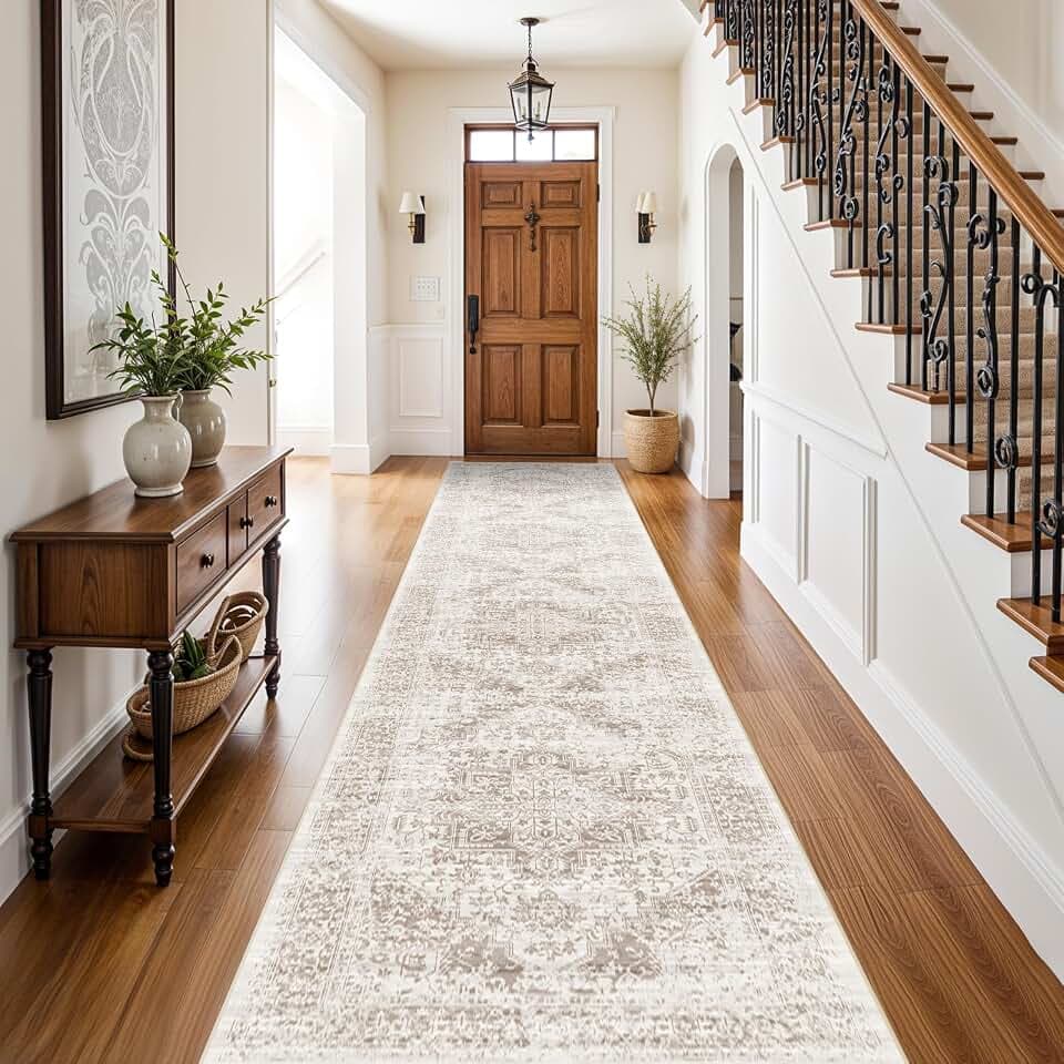 2'6"x12 Washable Runner Rug: Vintage Non-Slip Rug for Kitchen IvoryBeige