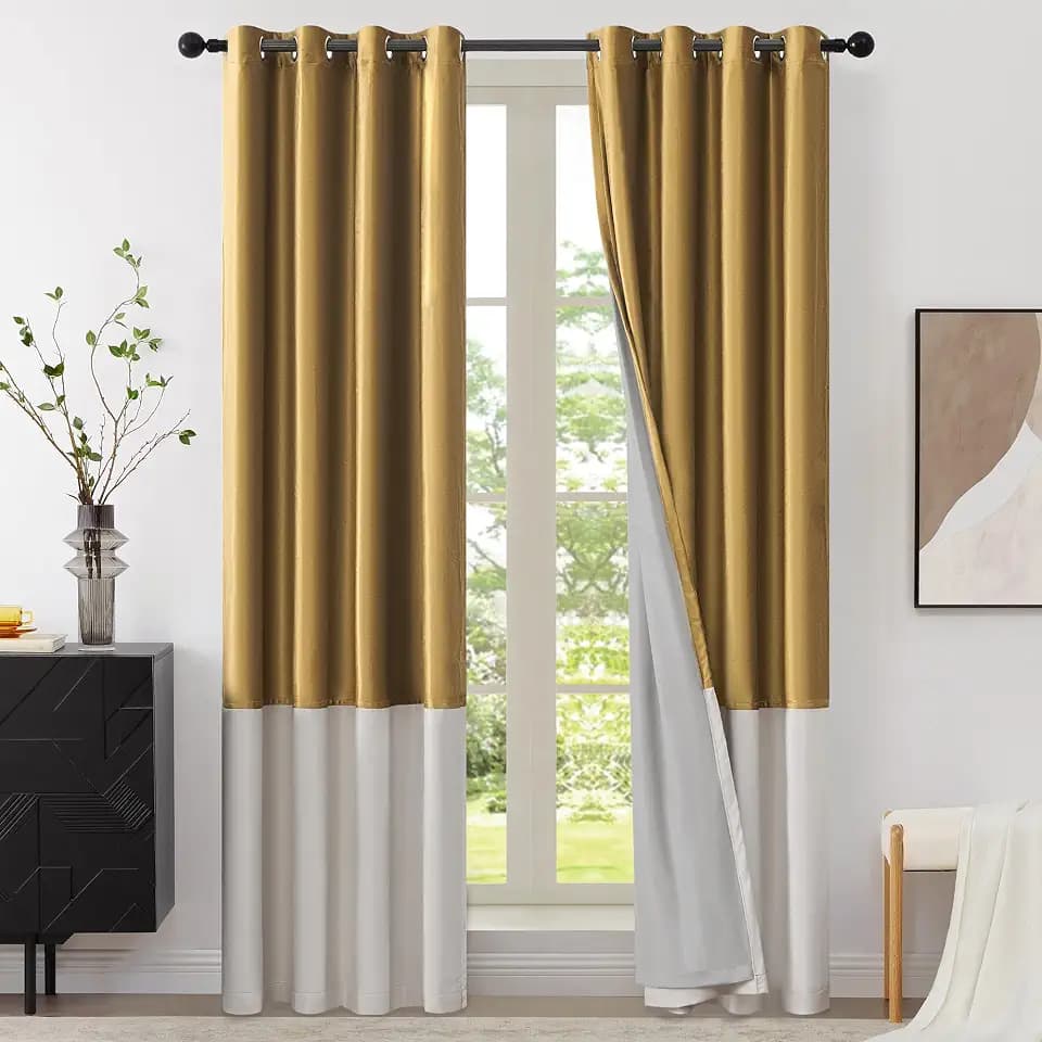 BULBUL Gold Ivory 100% Full Blackout Velvet Curtains,90 inches Long Modern Liner Curtains Thermal Drapes Panels for Living Room Bedroom Grommet Set of 2