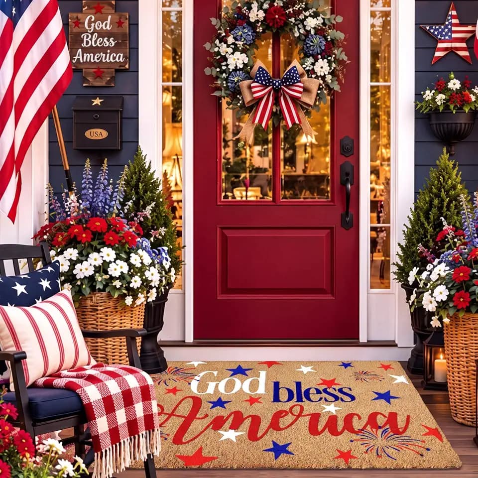Ceenna 4th of July Patriotic Coir Door Mat Outdoor Red White Blue God Bless American Welcome Rug Patriotic Doormat Non-Slip Entrance Rugs for Independence Day Memorial Day Home Decor 16 x 28 Inch