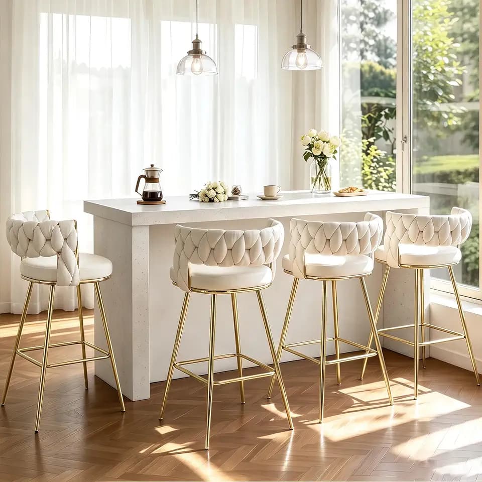 VECELO Bar Stools Set of 4, Counter Height Bar Stools, 26 inch Seat Barstools with Woven Back and Footrest for Kitchen Island Counter, White