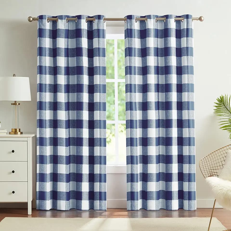 Melodieux Buffalo Check Plaid Blackout Curtains 84 Inches Long for Living Room, Bedroom Thermal Insulated Room Darkening Grommet Drapes, Blue, 50 x 84 Inch, 2 Panels