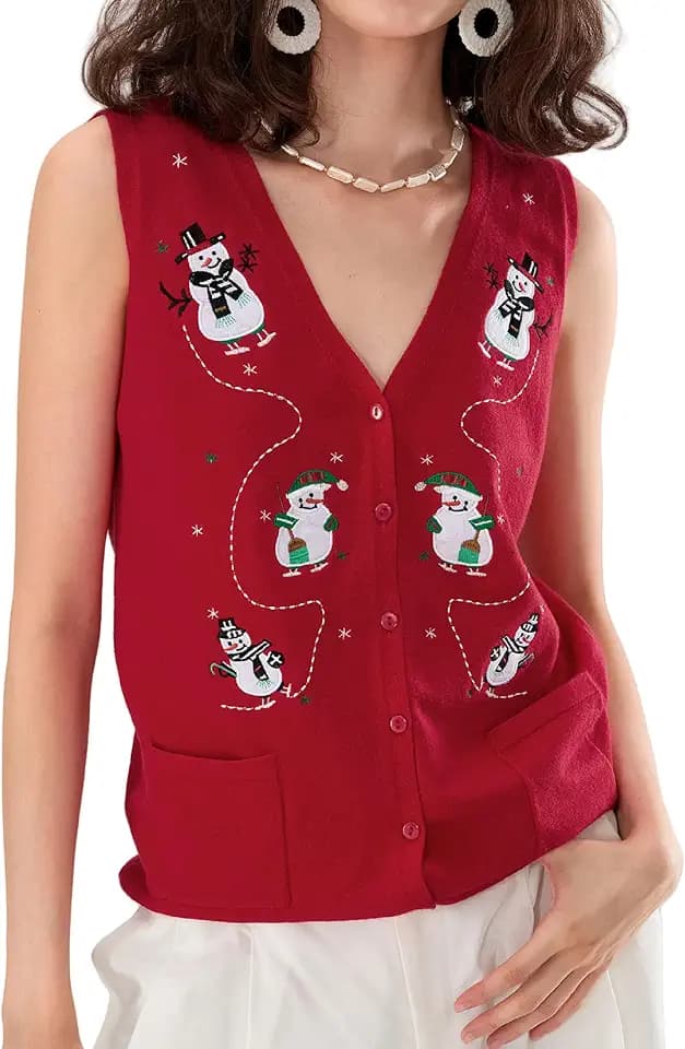 KMBANGI Women Christmas Button Sweater Vest Embroidery Sleeveless Cardigan
