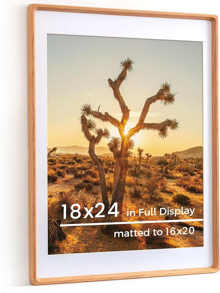 RICHFOCUS 18x24 Picture Frame USA-Sourced Natural Cherry Solid Wood Photo Frame Handcrafted Rounded Corner Wodden Frame with Real Glass Display Photos 16x20 with Mat or 18x24 Without Mat