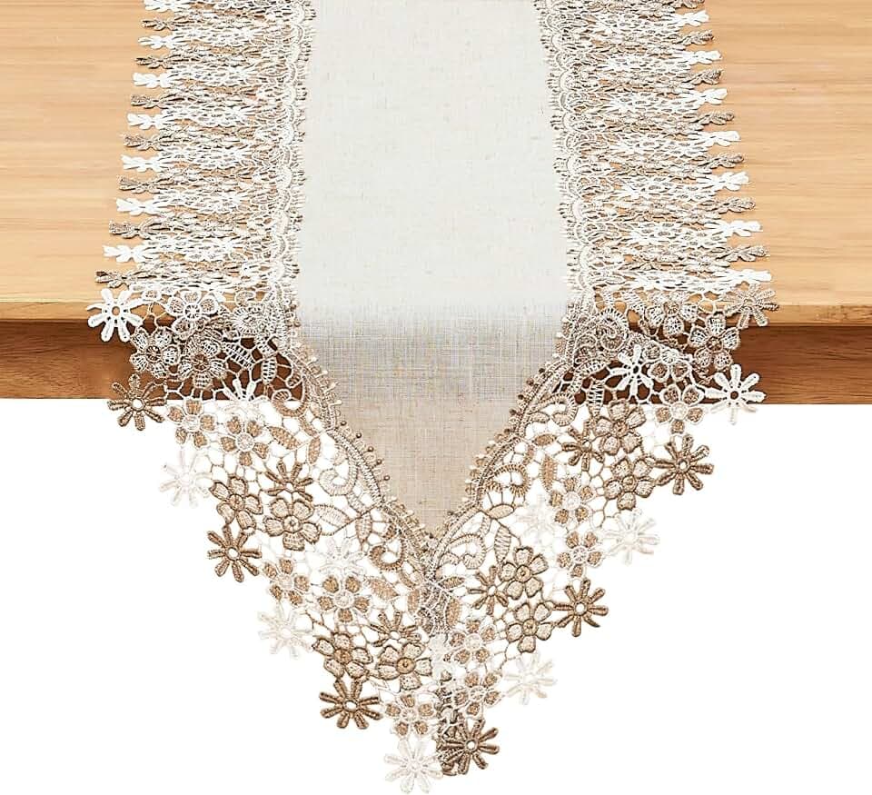 Natural Beige Floral Lace Table Runner Dresser Scarf (16” x72”)
