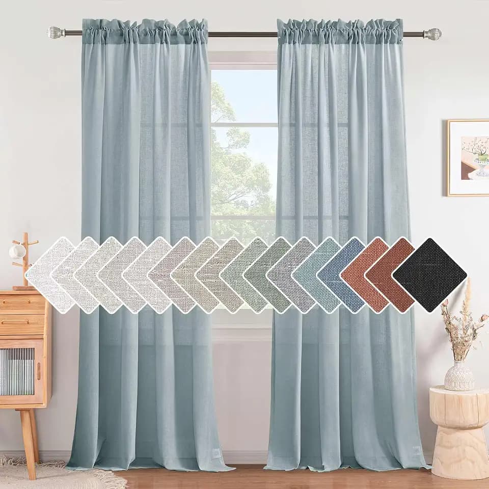 H.VERSAILTEX Linen Curtains Elegant Natural Linen Semi Sheer Curtains Energy Light Filtering Rod Pocket Window Treatments Panels for Living Room (Set of 2, Cloud Blue, 52 inch W X 108 inch L)