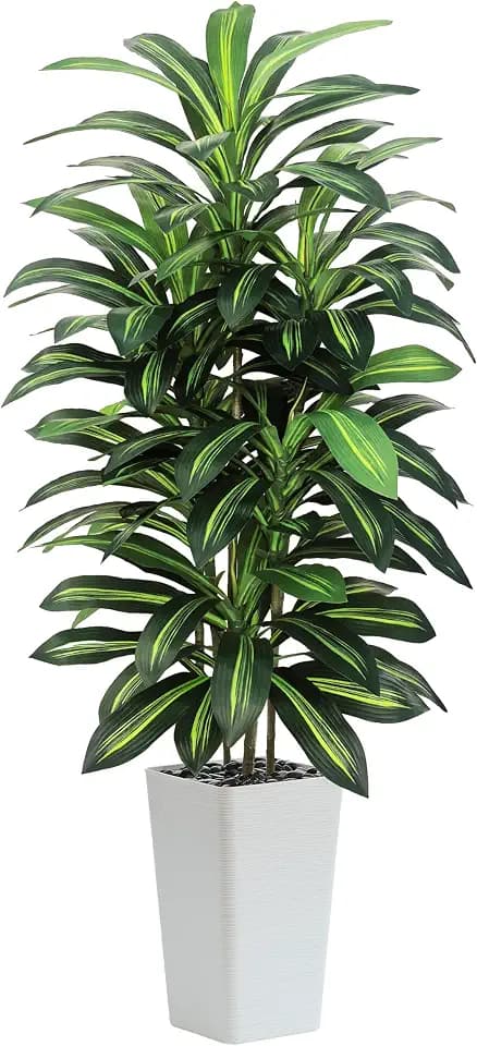 Artificial Dracaena Tree Indoor, 5FT Tall Fake Floor Plants with White Planter, Faux Silk Yucca Tree for Home Office Living Room Bedroom Farmhouse Modern Outdoor Topiary Tree
