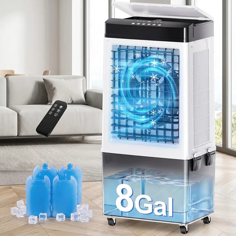 Uthfy 3200CFM Swamp Cooler, 40" Evaporative Air Cooler with 8Gal Detachable Water Tank, 120° Oscillation, Remote, 12H Timer, 3 Speeds, Portable Cooling Fan for Home, Garage, Patio, Workshop
