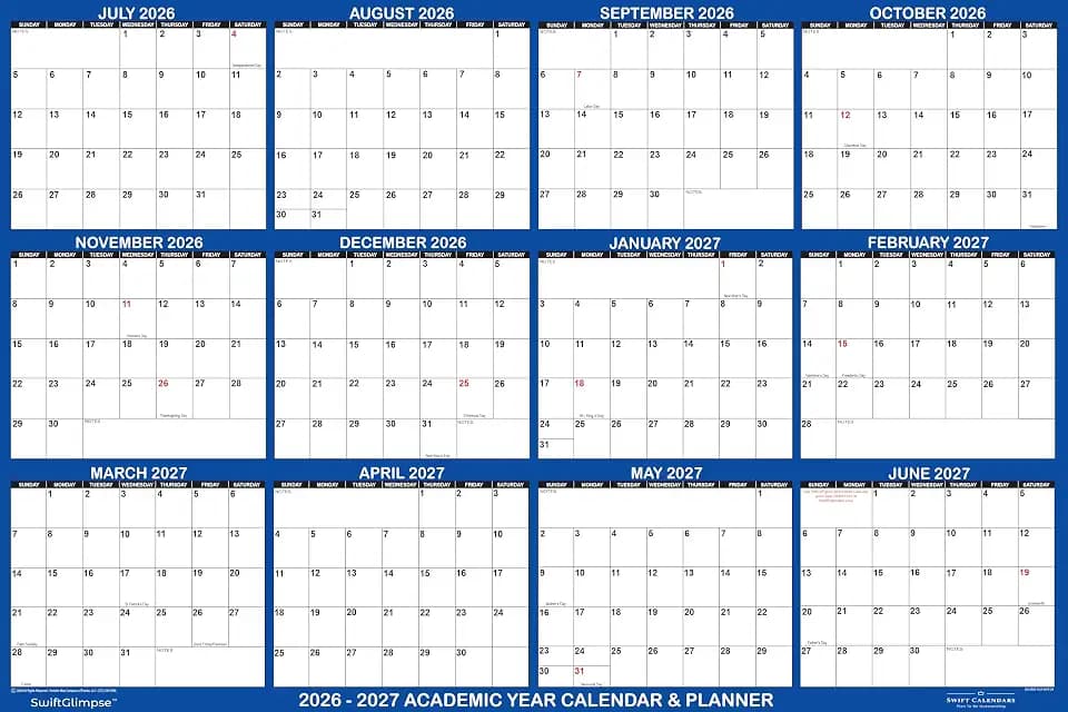 32x48 SwiftGlimpse 2026-2027 Academic Wall Calendar Erasable, XLarge, Wet & Dry Erase Laminated, July 2026 to June 2027 only