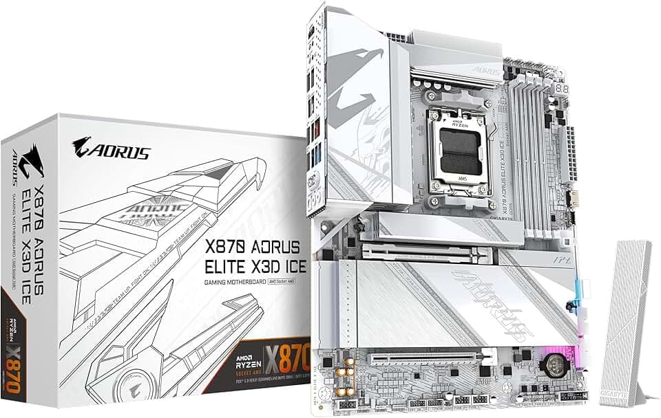 GIGABYTE X870 AORUS Elite X3D Ice Mainboard - Unterstützt AMD Ryzen 9000 Prozessoren, 16+2+2 Phasen Digital-VRM, bis zu 9000Hz DDR5 (OC), 2xPCIe 5.0 + 2xPCIe 4.0, Wi-Fi 7, 2.5GbE LAN, USB 4