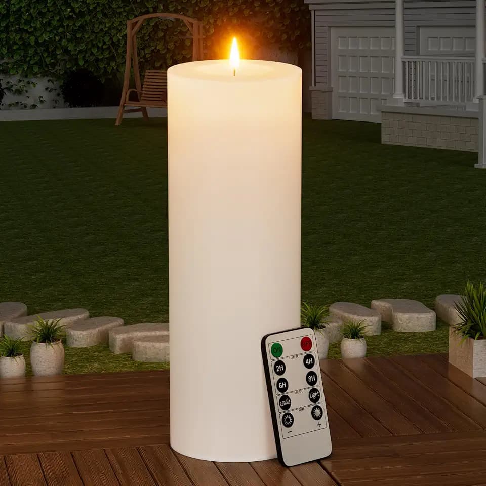 12" x 4" Large Outdoor Candle with Remote Timer Waterproof White 1 Pack