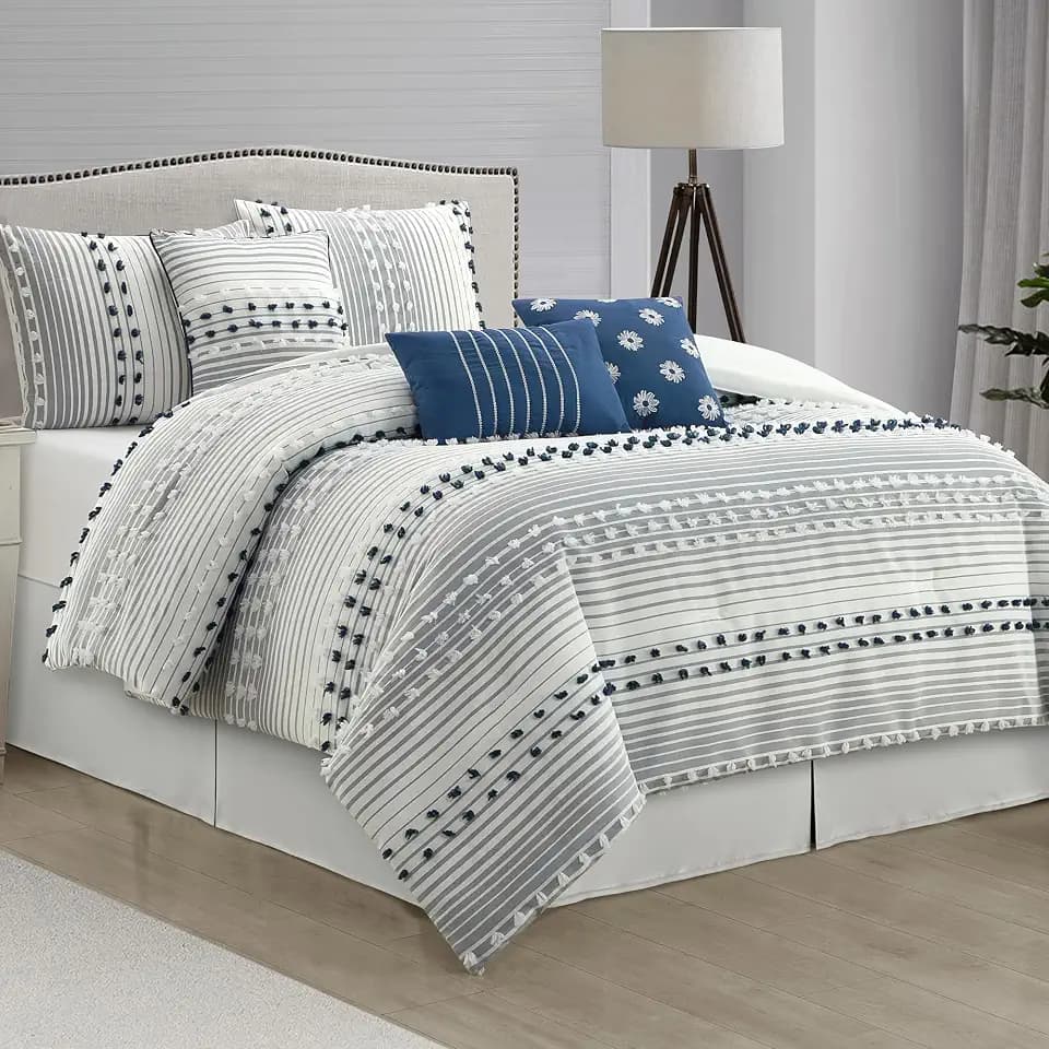 LANCO MODERN LIFESTYLE California King Comforter Set, Blue, Jacquard Clip Striped Design, Elegant Soft 7 Pieces Bedding Set for All Seasons, Matching Bedskirt, Pillow Shams and Decor Pillows