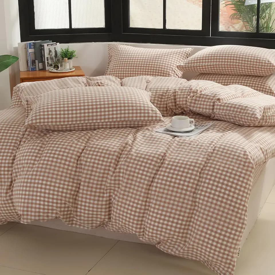 Tan Gingham Duvet Cover Set, 100% Washed Cotton Linen Like, Twin Size