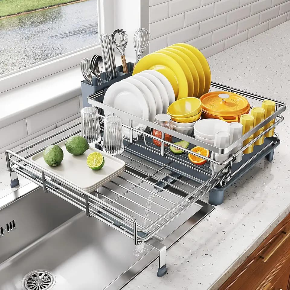 Expandable Dish Drying Rack for Kitchen Counter, Stainless Steel, Silver