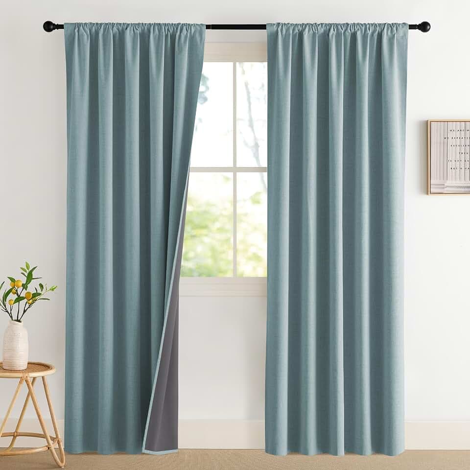 NICETOWN 2 Panels Skylark Blue Linen 100% Blackout Curtains, 52 x 80 Inch, Rod Pocket Style, Thermal Insulated & Noise Reducing Drapes for Living Room, Bedroom, Nursery, Modern & Simple Design