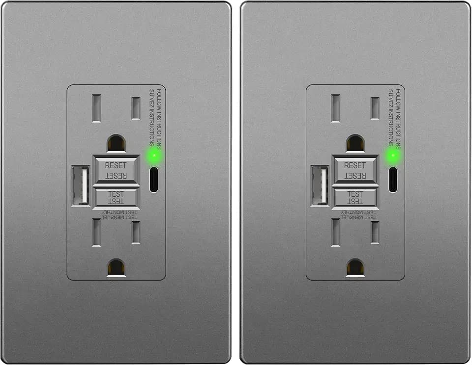 LIDER GFCI USB Outlet 15Amp, 4.2A USB A&C, ETL Listed, Space Gray, 2-Pack