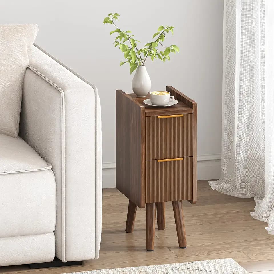 ELYKEN 7.9" Fluted Narrow Nightstand, 20.6" H Skinny Side Table, Walnut
