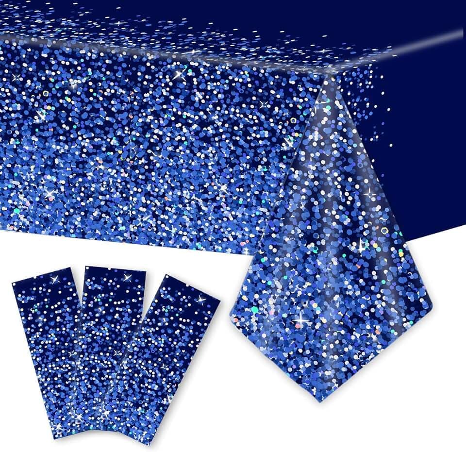 3pcs Blue Silver Tablecloths Denim and Diamonds Party Decorations Navy Blue and Silver Tablecloth Disposable Plastic Royal Confetti Rectangle Table Cover for Birthday Wedding Party Decor Supplies