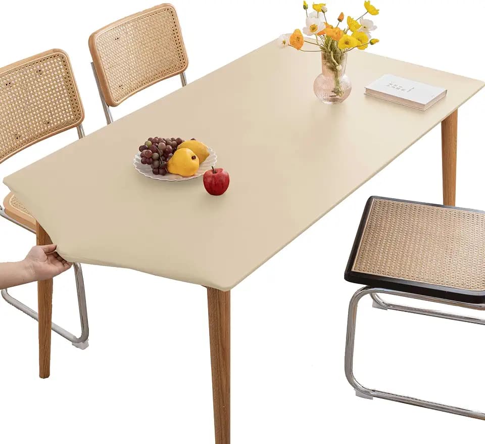 PU Stretch Fitted Rectangle Tablecloth with Elastic Edge 28 x 47 Inch Waterproof Oil Proof Table Cloth Wipeable Table Cover for Indoor Outdoor Furniture Protect (Beige,28"x47")
